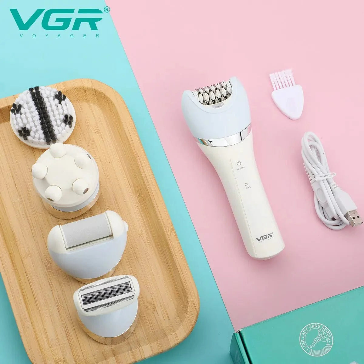 VGR V-703 5-in-1 women's epilator kit with rechargeable shaver, body trimmer, and facial cleaning attachments.