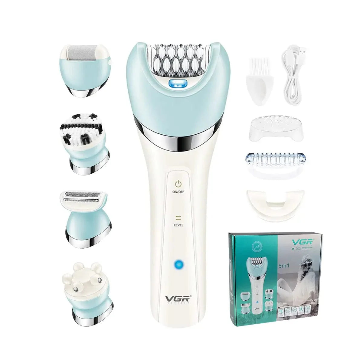 VGR V-703 5-in-1 women's epilator kit with shaver, body trimmer, and facial cleansing attachments for smooth hair removal.