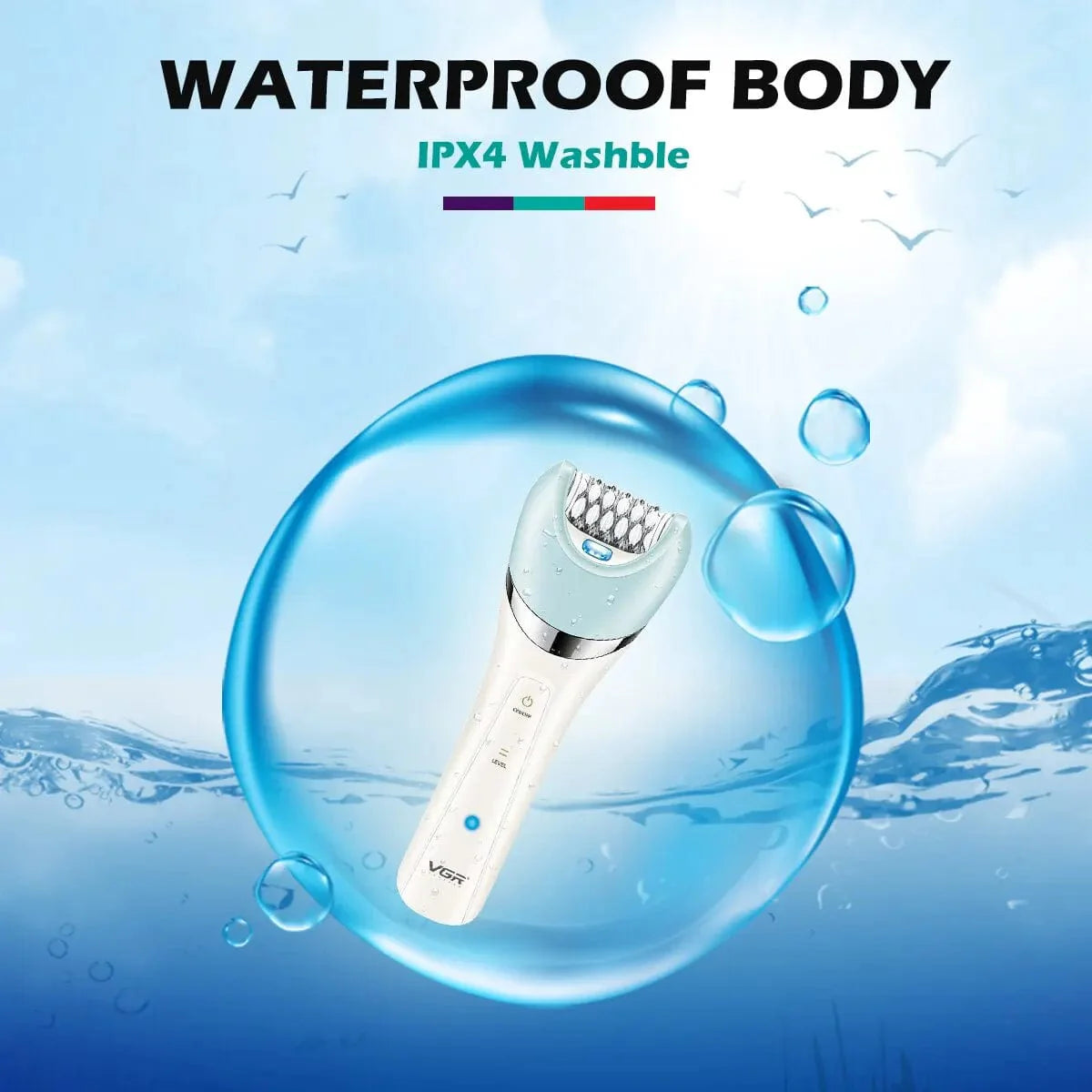 VGR V-703 5-in-1 women's epilator kit with rechargeable shaver, body trimmer, and facial cleaning attachments.