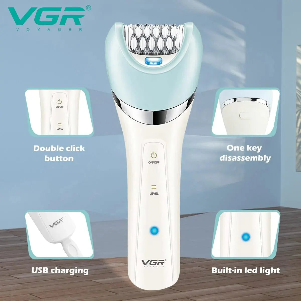 VGR V-703 5-in-1 women's epilator kit with shaver, body trimmer, and facial cleaning attachments in a compact design