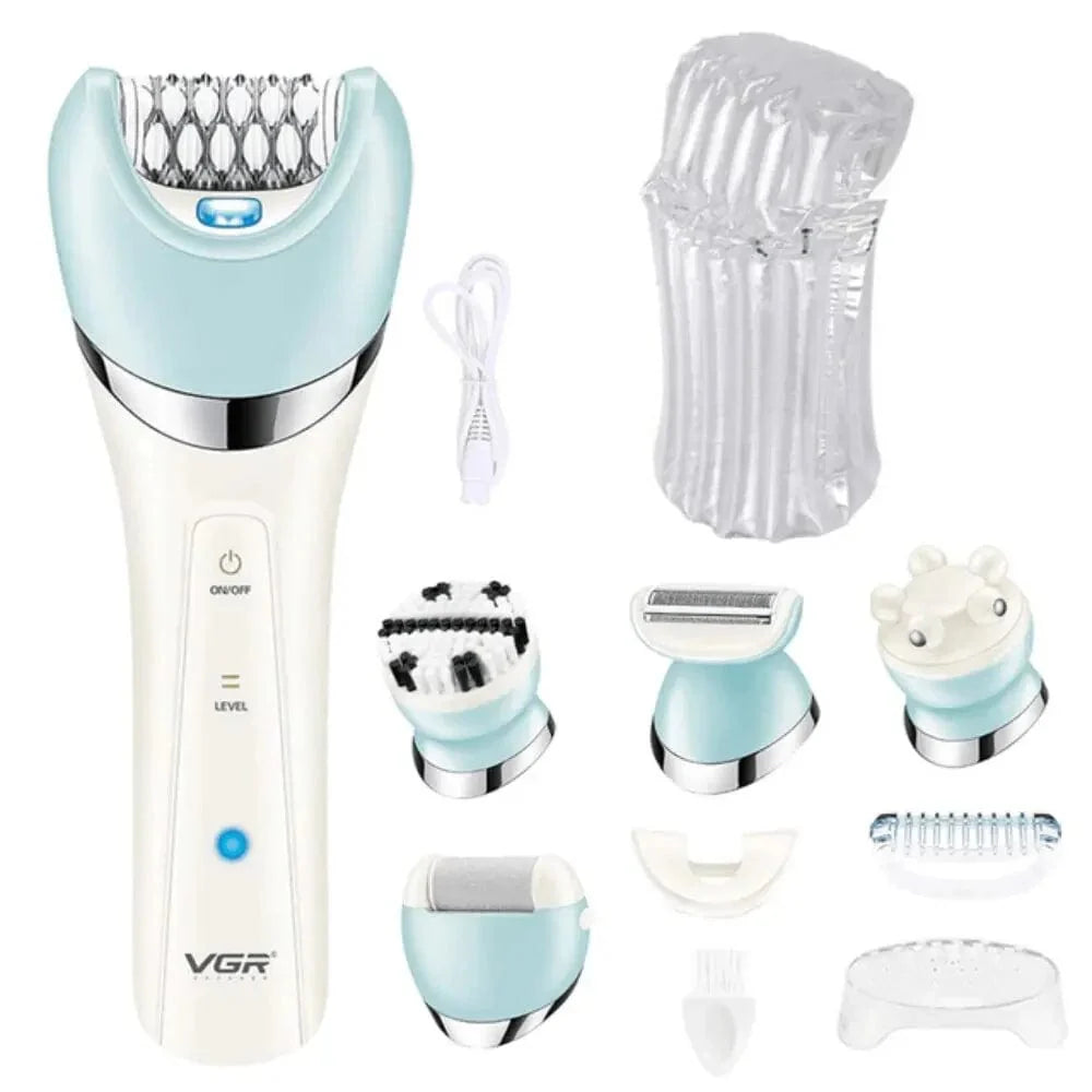 VGR V-703 5-in-1 women's epilator kit with shaver, body trimmer, facial cleaner, and massage attachments for smooth skin.