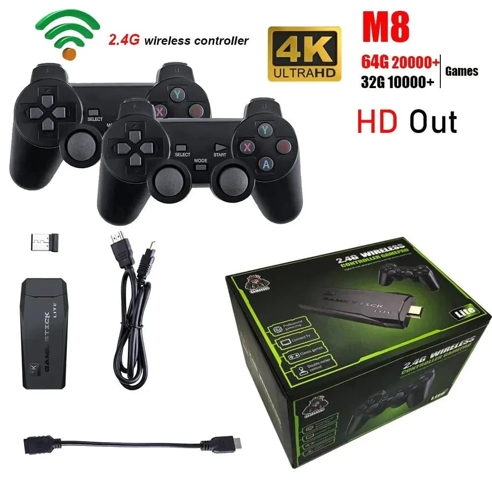 BOYHOM M8 Retro Video Game Stick with wireless controllers, 4K HD display, 20,000+ retro games for console gaming.