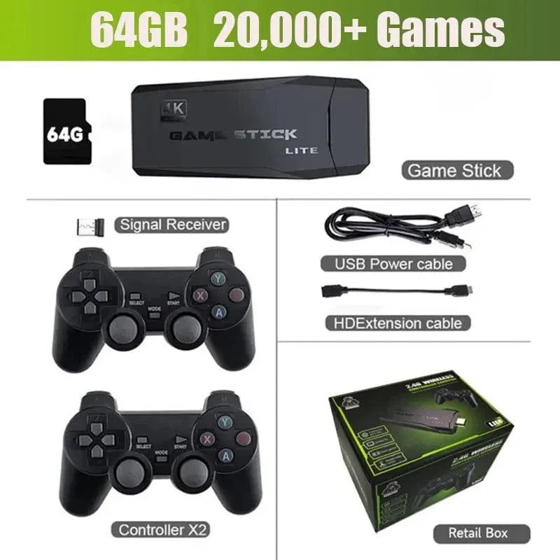 BOYHOM M8 Retro Video Game Stick with dual wireless controllers, 4K HD display, 20,000+ classic games for console gaming.