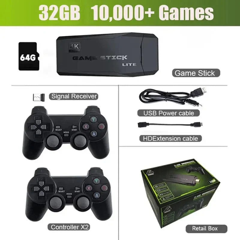 BOYHOM M8 Retro Video Game Stick with dual wireless controllers, 4K HD display, 20,000+ games, for PS1 and GBA consoles.