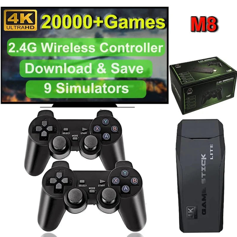 Showlu Fashion Store TECTINTER 4K Retro Game Stick with built-in 40,000 games and wireless controllers, handheld TV game console.