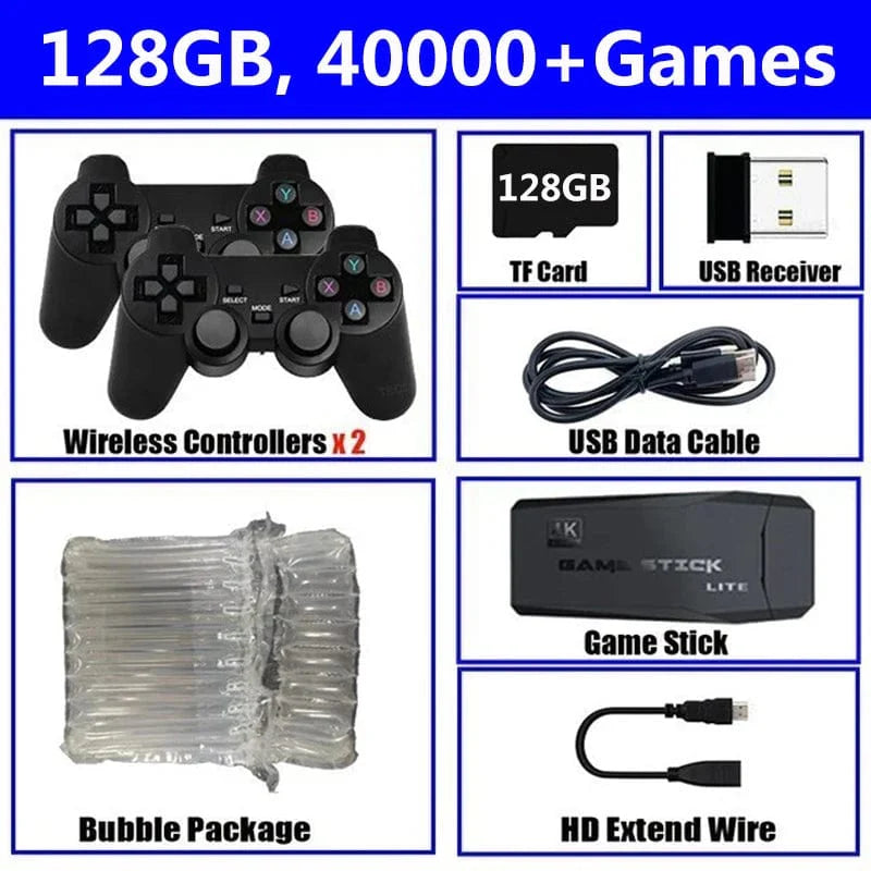 Showlu Fashion Store TECTINTER 4K Retro Game Stick with built-in 40,000 games and wireless controllers for TV gaming.