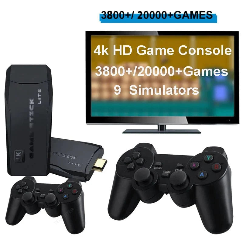 Retro TECTINTER 4K game stick with built-in 40,000 games, wireless controllers, and HD display for TV gaming.