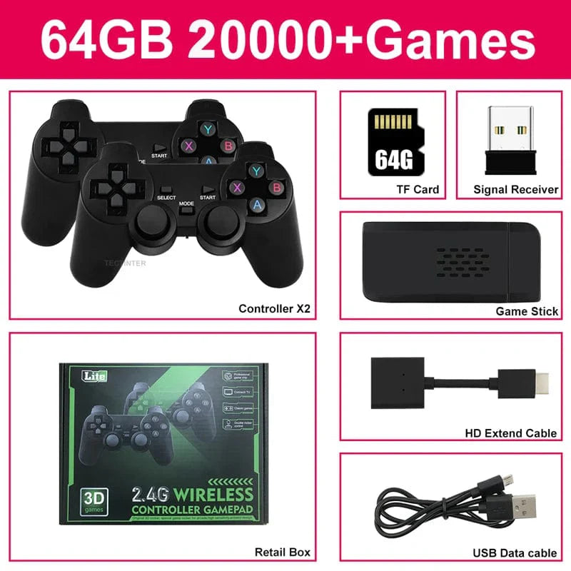 Showlu Fashion TECTINTER 4K Retro Game Stick with wireless controllers, built-in 40,000 games, handheld mini TV gaming console.