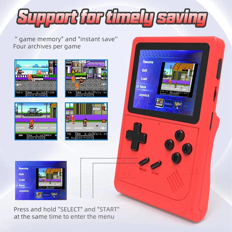 VILCORN GB300 handheld game console with 3-inch screen, featuring 10,000 retro games for portable gaming and nostalgic fun.