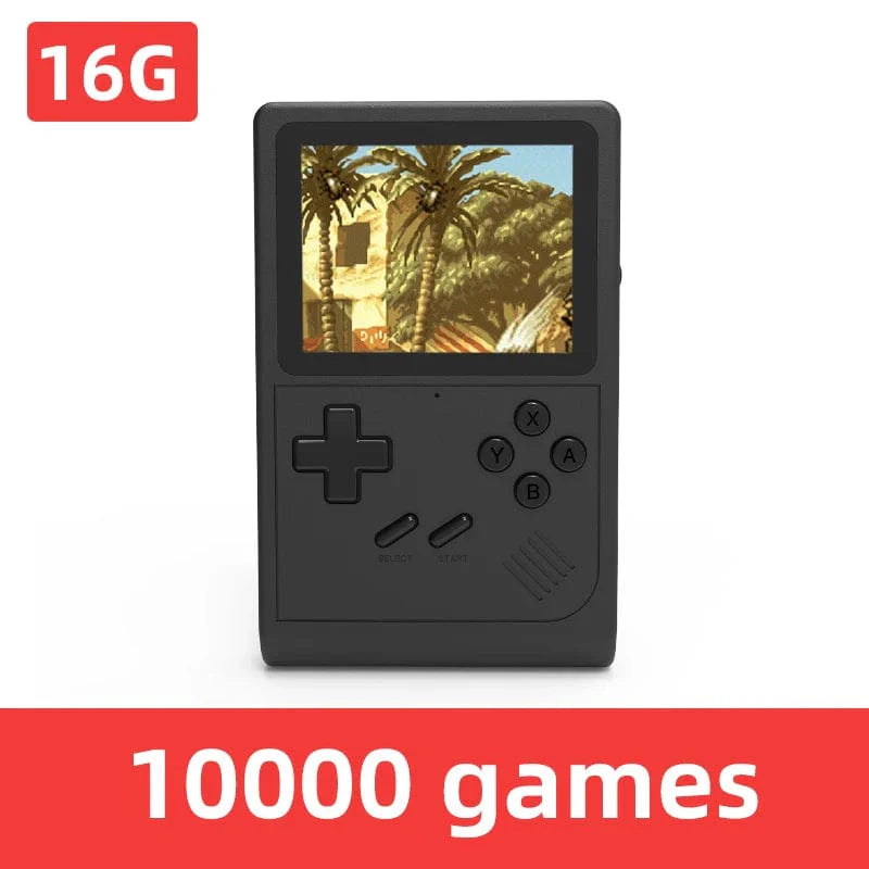 VILCORN GB300 handheld game console with 3-inch screen, classic retro design, showcasing gameplay and 10,000 built-in games.