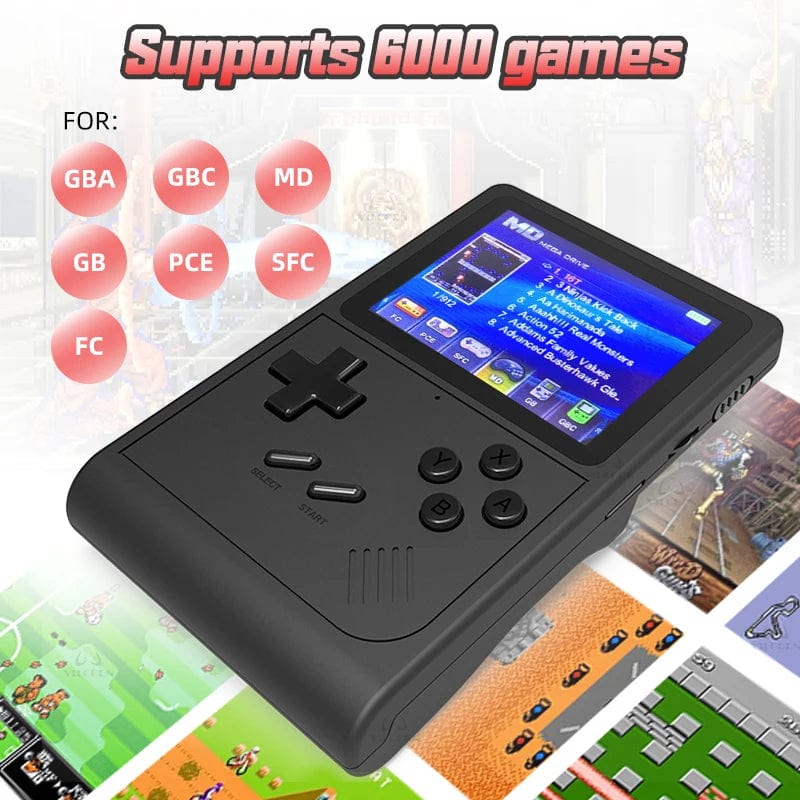 VILCORN GB300 handheld game console with 3-inch screen, featuring 10,000 retro games for SFC, GBA, and more, compact portable design.