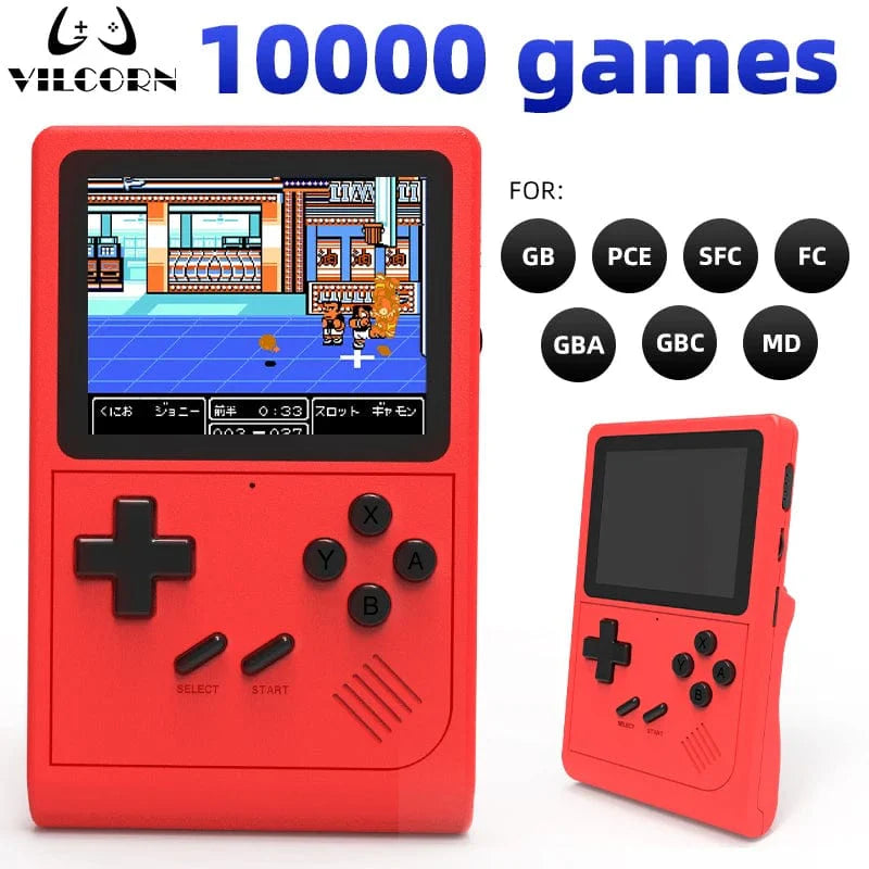 VILCORN GB300 handheld game console with 3-inch screen, showing retro game interface and colorful controls for portable gaming.
