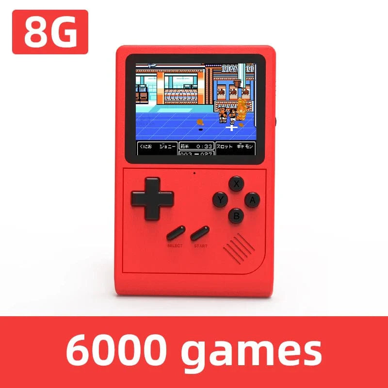 VILCORN GB300 handheld game console with 3-inch screen, showing retro game interface, featuring 10,000 playable classic games.