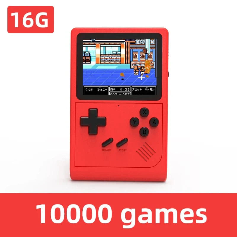 VILCORN GB300 handheld game console with a 3-inch screen, showing retro game graphics and colorful buttons for portable gaming.