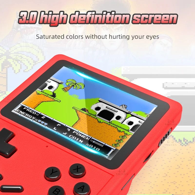 VILCORN GB300 handheld game console with 3-inch screen, showing retro game interface and colorful game icons.