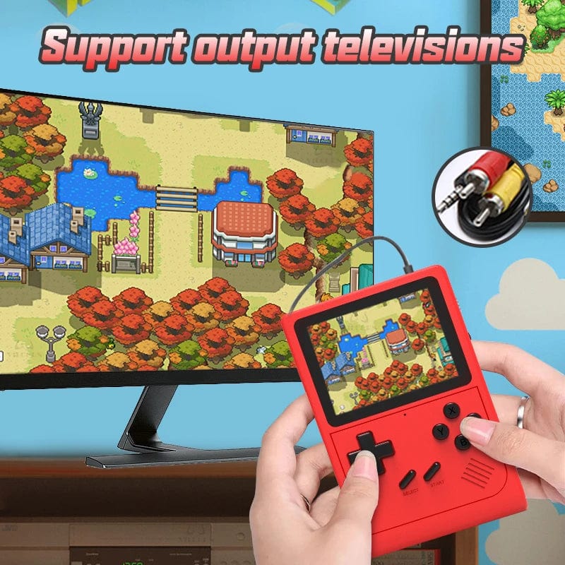 VILCORN GB300 handheld game console with 3-inch screen displaying retro game interface and colorful buttons for portable gaming.