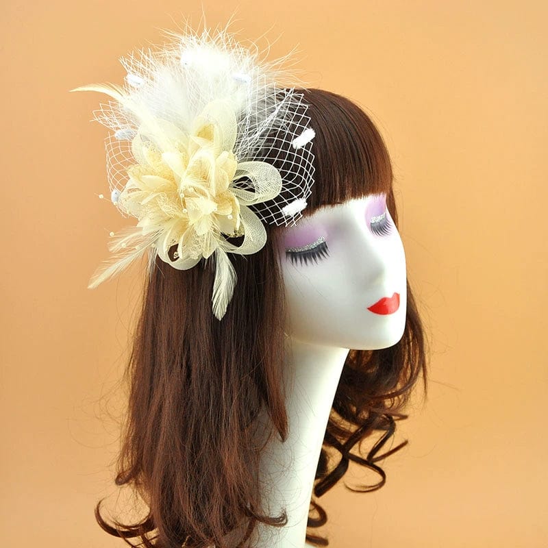 Vintage white feather bridal banquet hair clip by Showlu Fashion, featuring handmade barrette with elegant feather details.