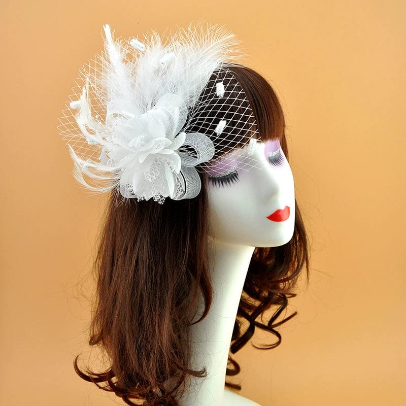 Vintage white feather bridal hair clip by Showlu Fashion Store, handmade barrette perfect for wedding or special occasion hairstyles.