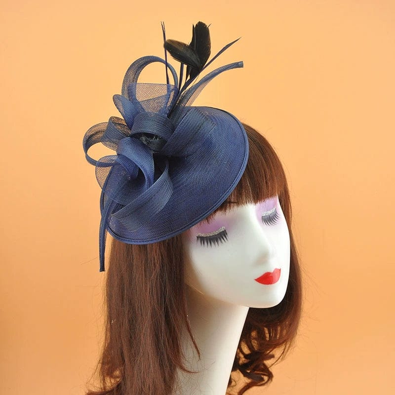 Showlu Vintage Bridal Party Jockey Top Hat with feather mesh hair clip, elegant headwear for special occasions.