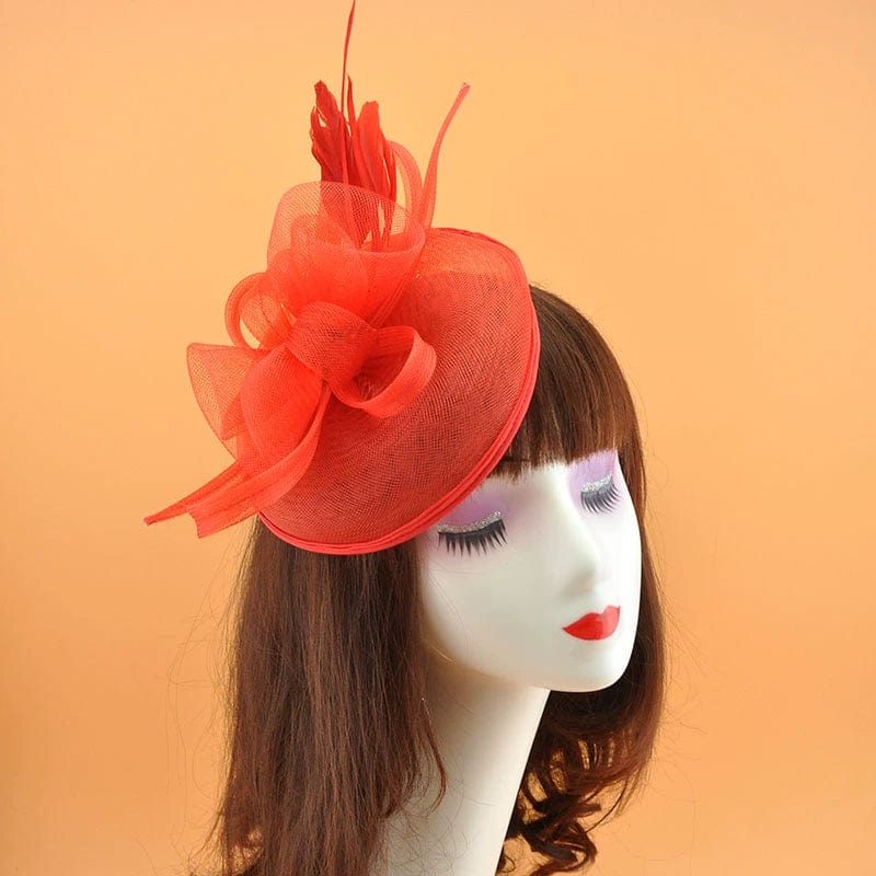Showlu vintage bridal jockey top hat with feather and mesh hair clip, elegant headwear for bridal or special occasions.