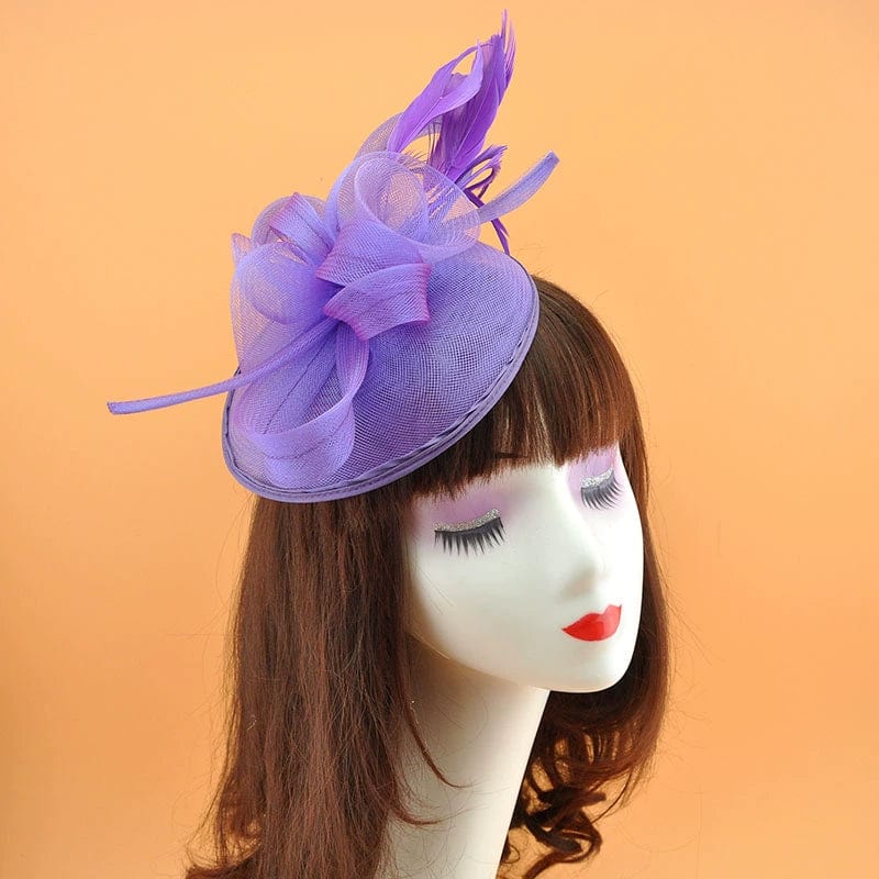 Showlu Vintage Bridal Party Jockey Top Hat with feather mesh hair clip, elegant headwear for special occasions.
