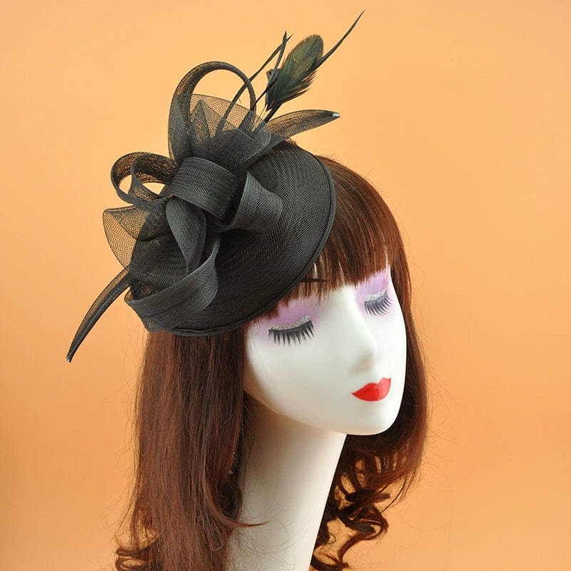 Showlu vintage bridal party jockey top hat with feather mesh hair clip, elegant headwear for special occasions and wedding events.