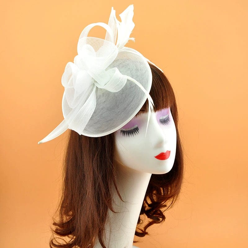 Vintage Showlu bridal jockey top hat with feather mesh hair clip, perfect for wedding or party headwear.