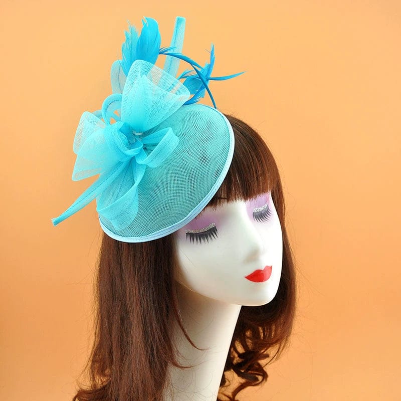 Showlu Vintage Bridal Party Jockey Top Hat with feather mesh hair clip, elegant headwear for special occasions.