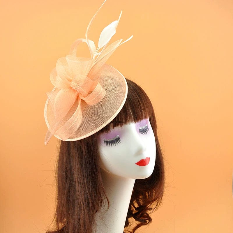 Vintage Showlu bridal jockey top hat with feather mesh hair clip, perfect for wedding or bridal party accessories.