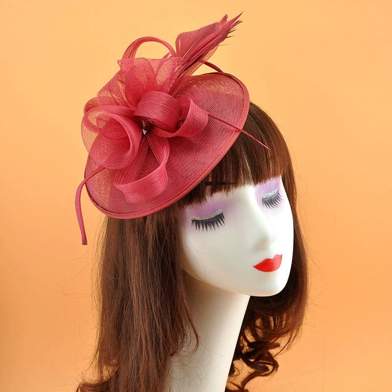 Showlu Vintage Bridal Party Jockey Top Hat with feather mesh hair clip, elegant headwear for special occasions