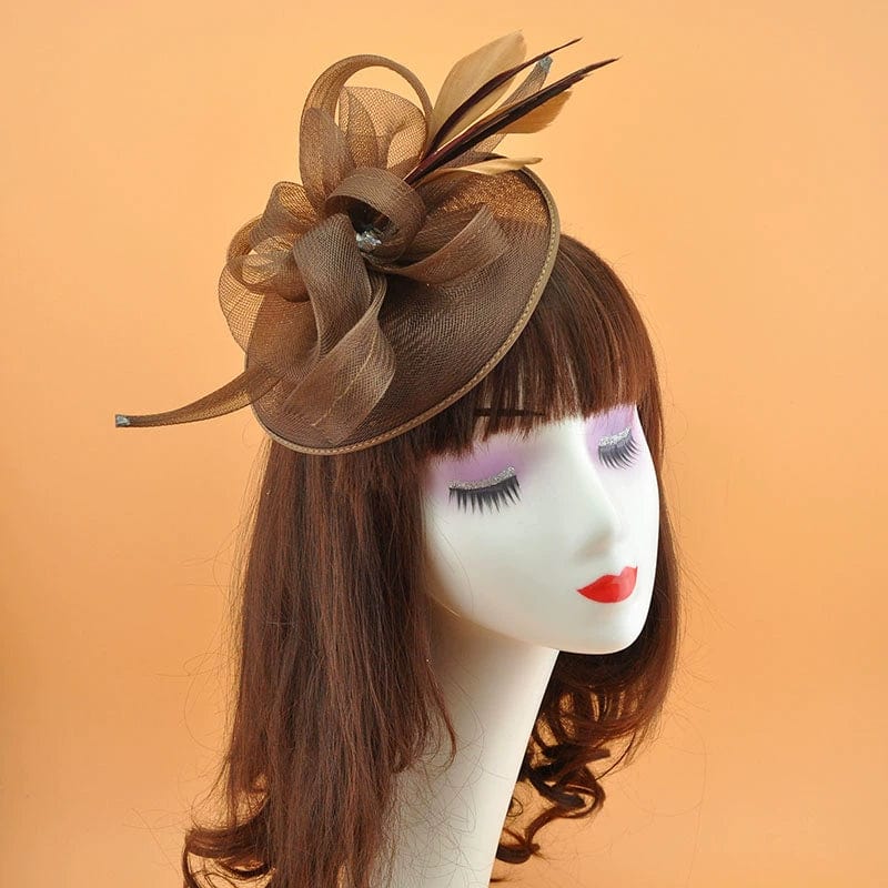 Vintage Showlu bridal jockey top hat with feather mesh hair clip for elegant wedding or party accessories.