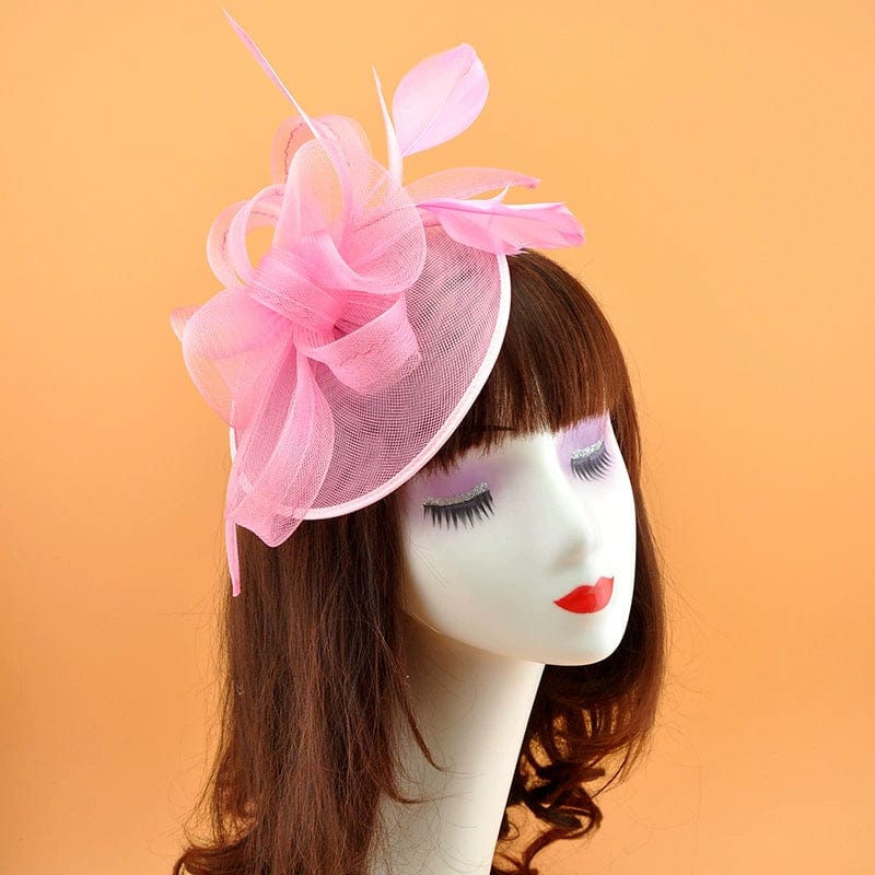 Vintage Showlu bridal jockey top hat with feather mesh hair clip, elegant headwear for wedding or special occasions.