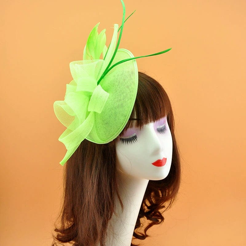 Showlu Vintage Bridal Party Jockey Top Hat with feather mesh hair clip, elegant headwear for special occasions and weddings.