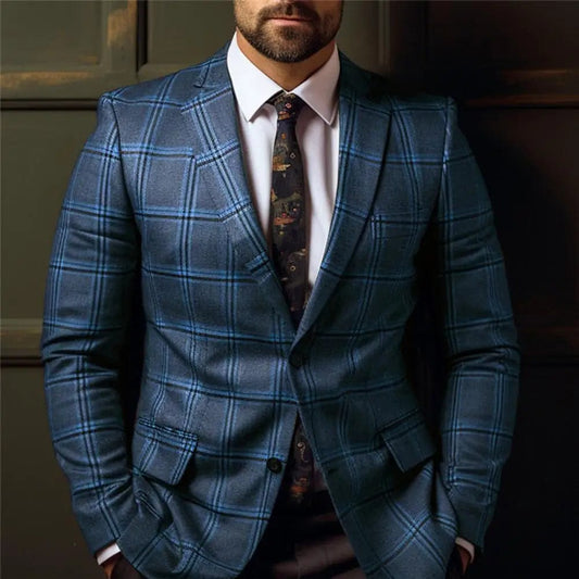Vintage Men Suit Blazer Formal Slim Fit Plaid Print Business Jacket Long Sleeve Single Button Blazer Men Office Attire Coat - SHOWLU FASHION STORE