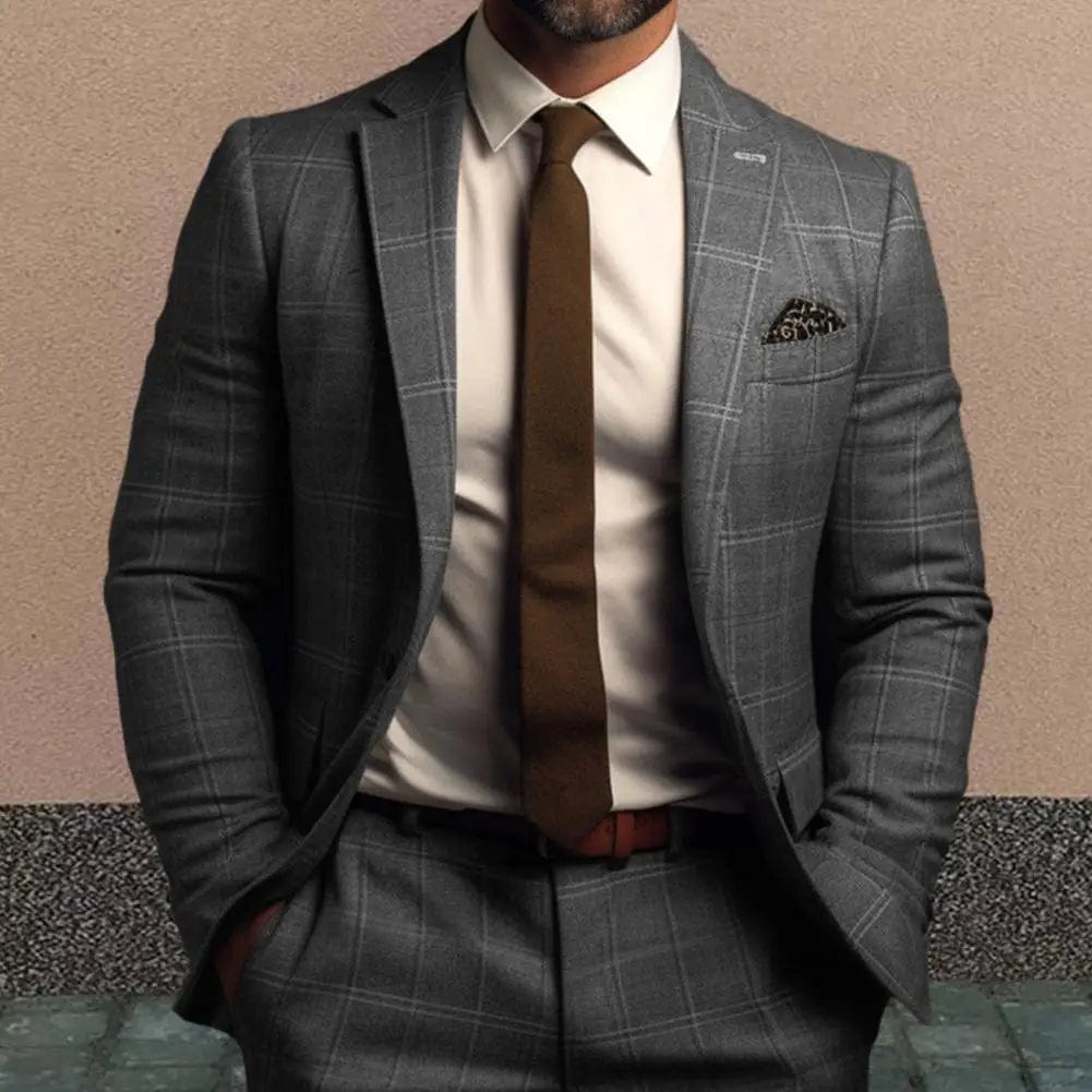 Vintage Men Suit Blazer Formal Slim Fit Plaid Print Business Jacket Long Sleeve Single Button Blazer Men Office Attire Coat - SHOWLU FASHION STORE
