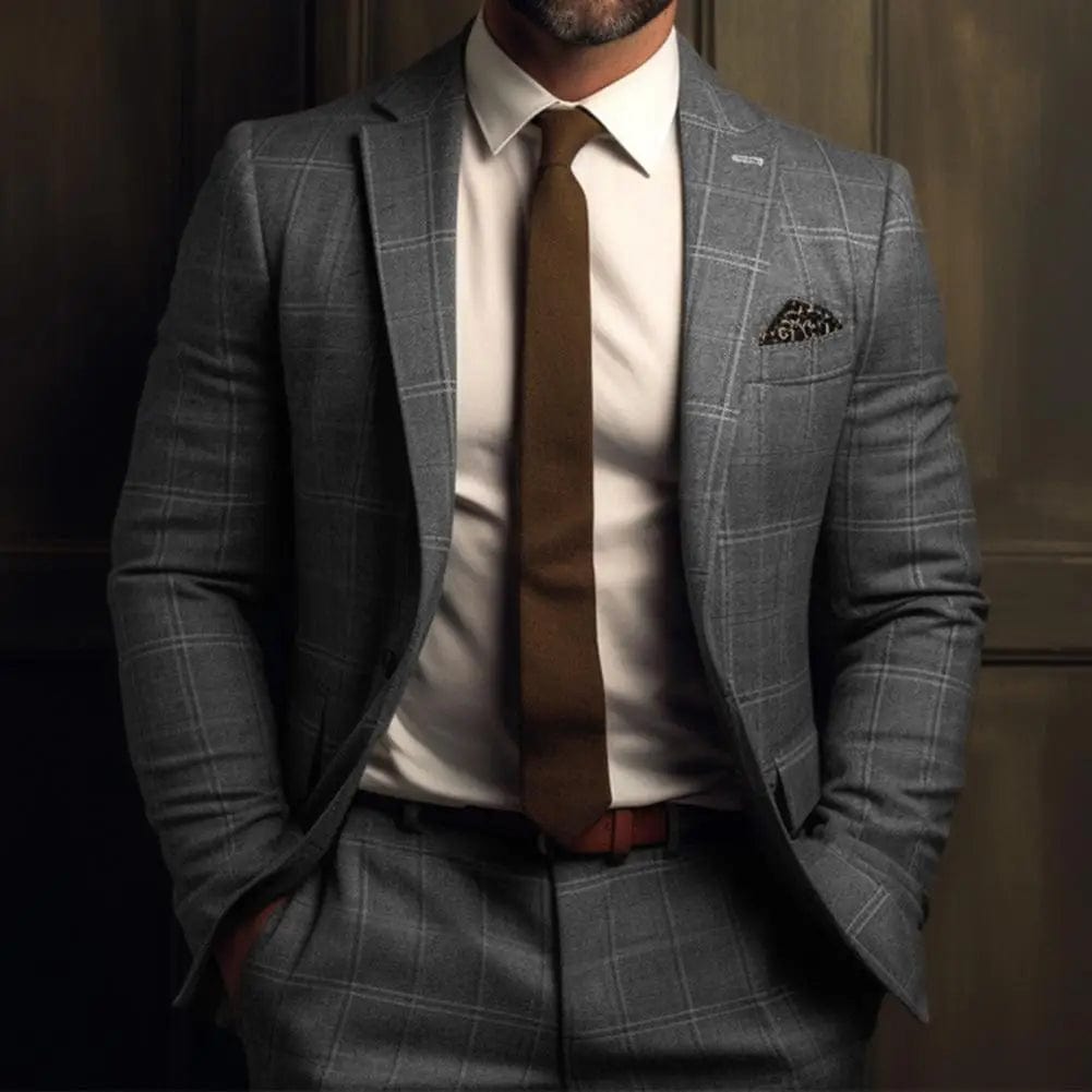 Vintage Men Suit Blazer Formal Slim Fit Plaid Print Business Jacket Long Sleeve Single Button Blazer Men Office Attire Coat - SHOWLU FASHION STORE