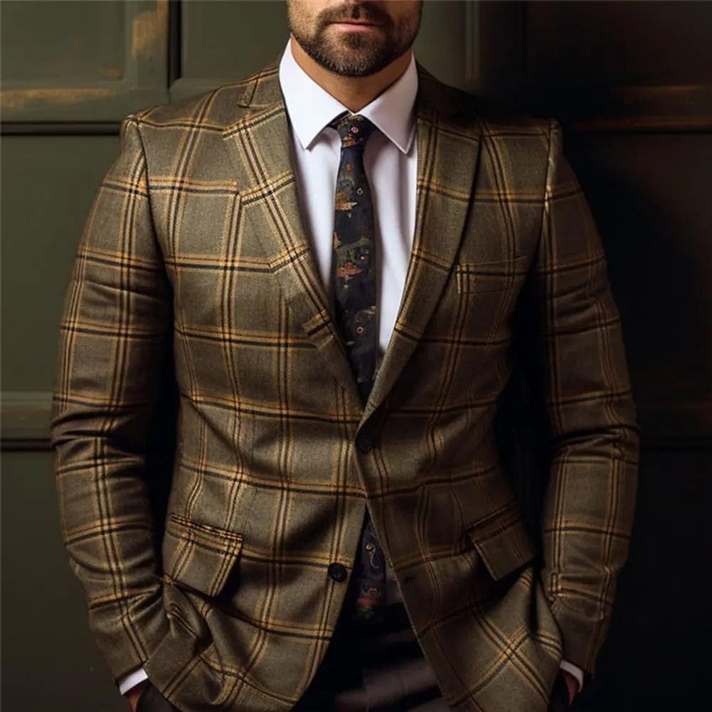 Vintage Men Suit Blazer Formal Slim Fit Plaid Print Business Jacket Long Sleeve Single Button Blazer Men Office Attire Coat - SHOWLU FASHION STORE