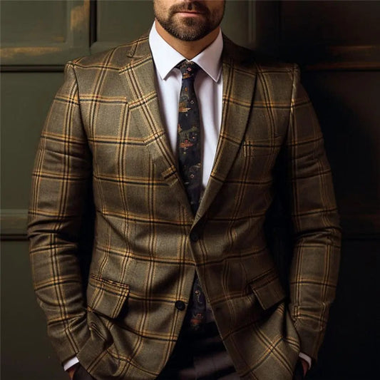 Vintage Men Suit Blazer Formal Slim Fit Plaid Print Business Jacket Long Sleeve Single Button Blazer Men Office Attire Coat - SHOWLU FASHION STORE