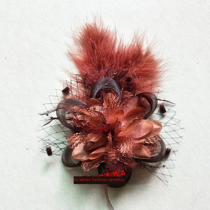 Vintage black and red feather hair clip by Showlu Fashion featuring a noble side barrette with white feather accents.