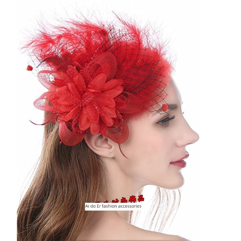 Showlu vintage black and red feather hair clip with side barrette featuring white feather accents and decorative design.