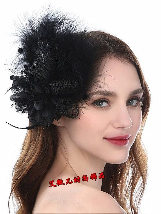 Showlu vintage black and red feather hair clip with noble side barrette, featuring white feather accents and elegant design.