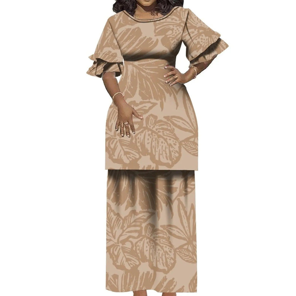 Vintage Round Neck Ruffled Double Cuff Elegant Suit Dress 2 - Piece Puletasi Polynesian Dress Tailored To Samoa Island Clothing - SHOWLU FASHION STORE