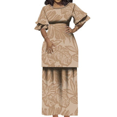 Vintage Round Neck Ruffled Double Cuff Elegant Suit Dress 2 - Piece Puletasi Polynesian Dress Tailored To Samoa Island Clothing - SHOWLU FASHION STORE