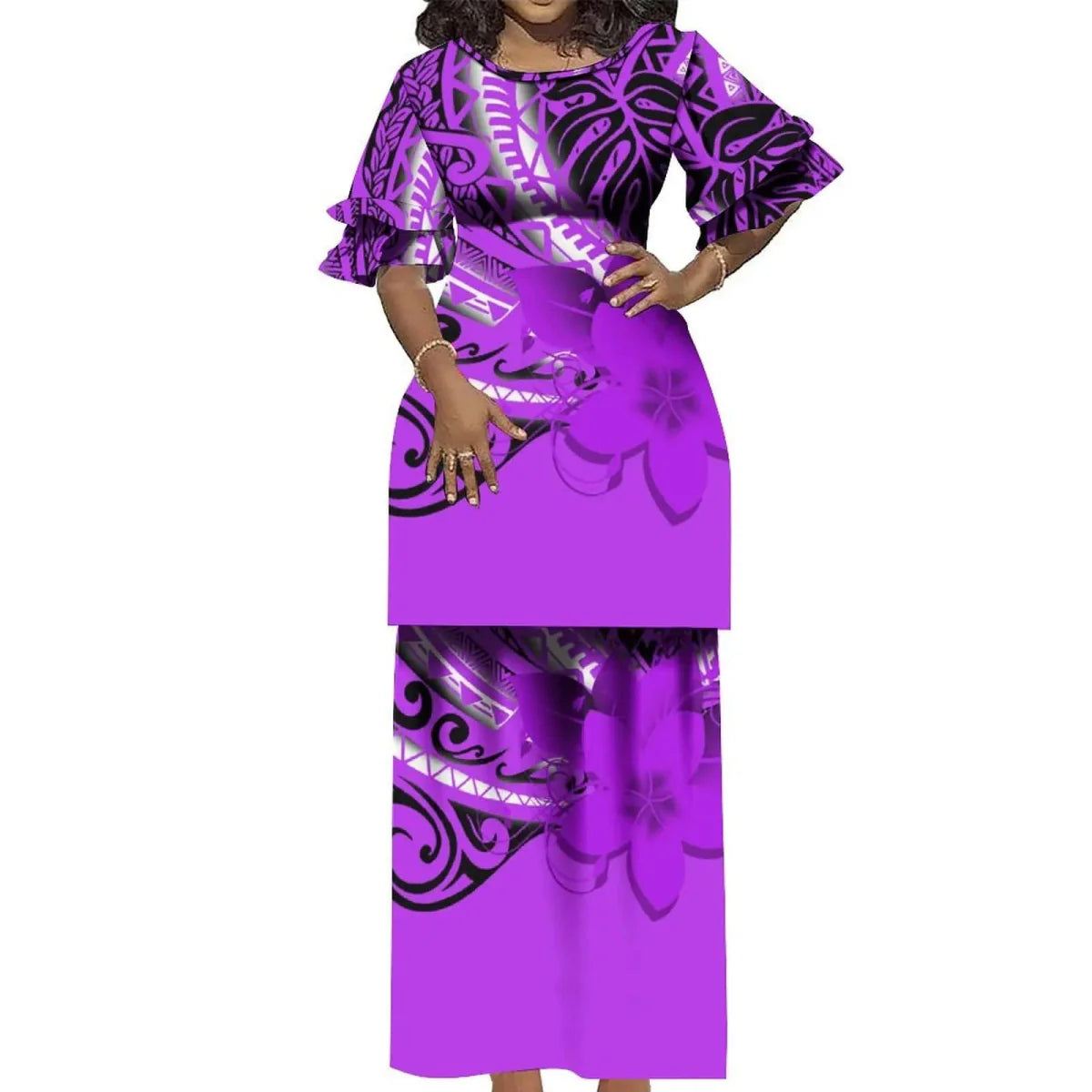 Polynesian Puletasi 2-piece Samoa Island dress with ruffled details, vintage round neck, and elegant tailored design by Showlu Fashion Store.