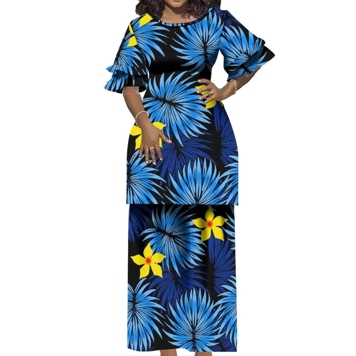 Vintage Round Neck Ruffled Double Cuff Elegant Suit Dress 2 - Piece Puletasi Polynesian Dress Tailored To Samoa Island Clothing - SHOWLU FASHION STORE
