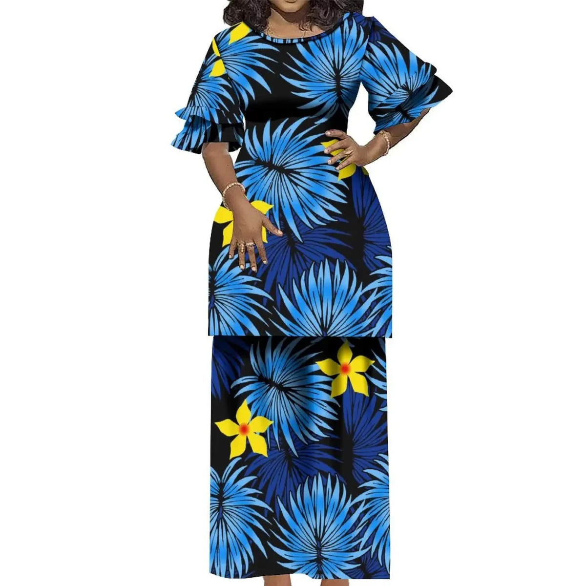 Showlu Fashion Polynesian Puletasi 2-piece ruffled Samoa Island dress with vintage round neck and elegant cuff details.