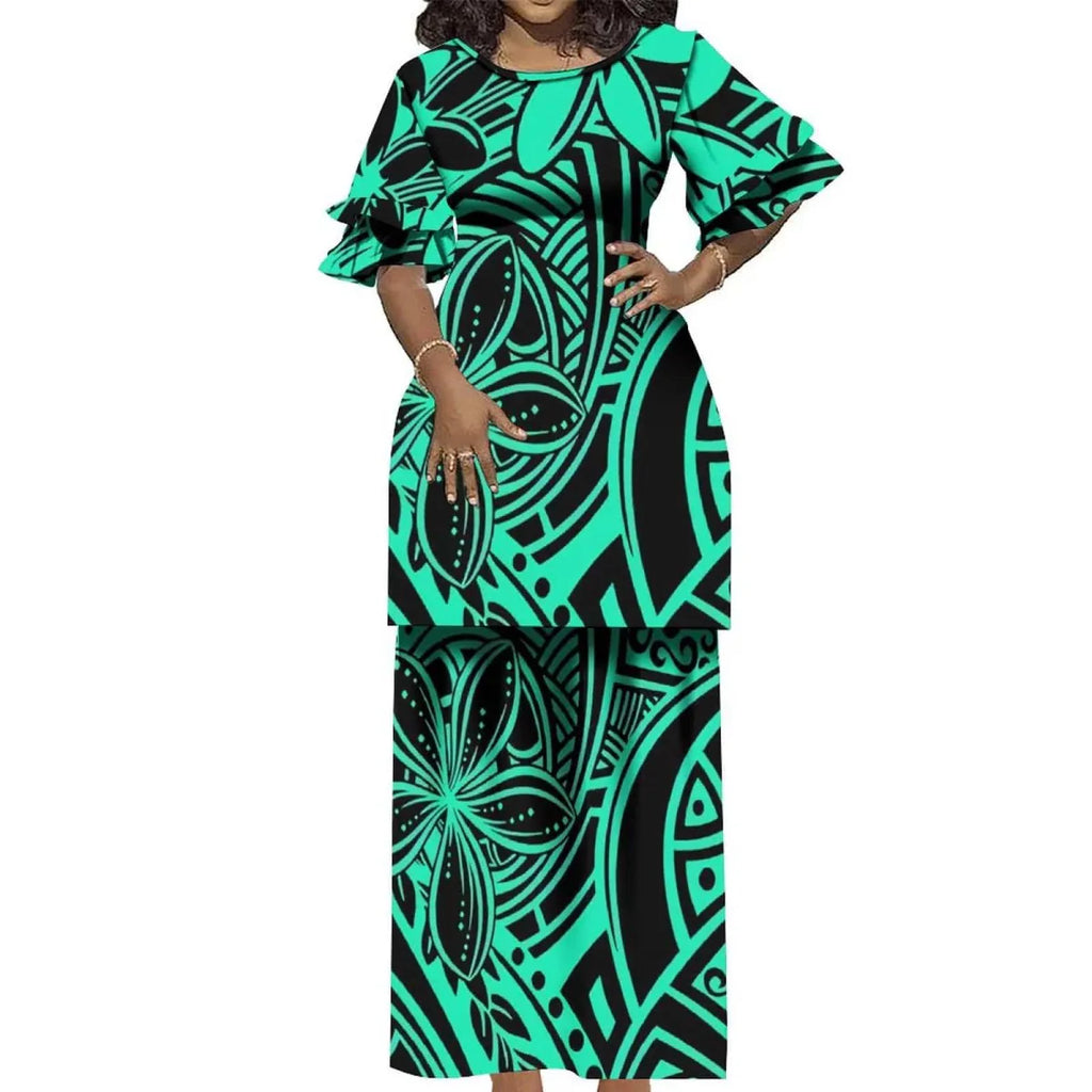 Showlu Fashion Polynesian Puletasi 2-piece ruffled Samoa Island dress with vintage round neck and elegant double cuffs.