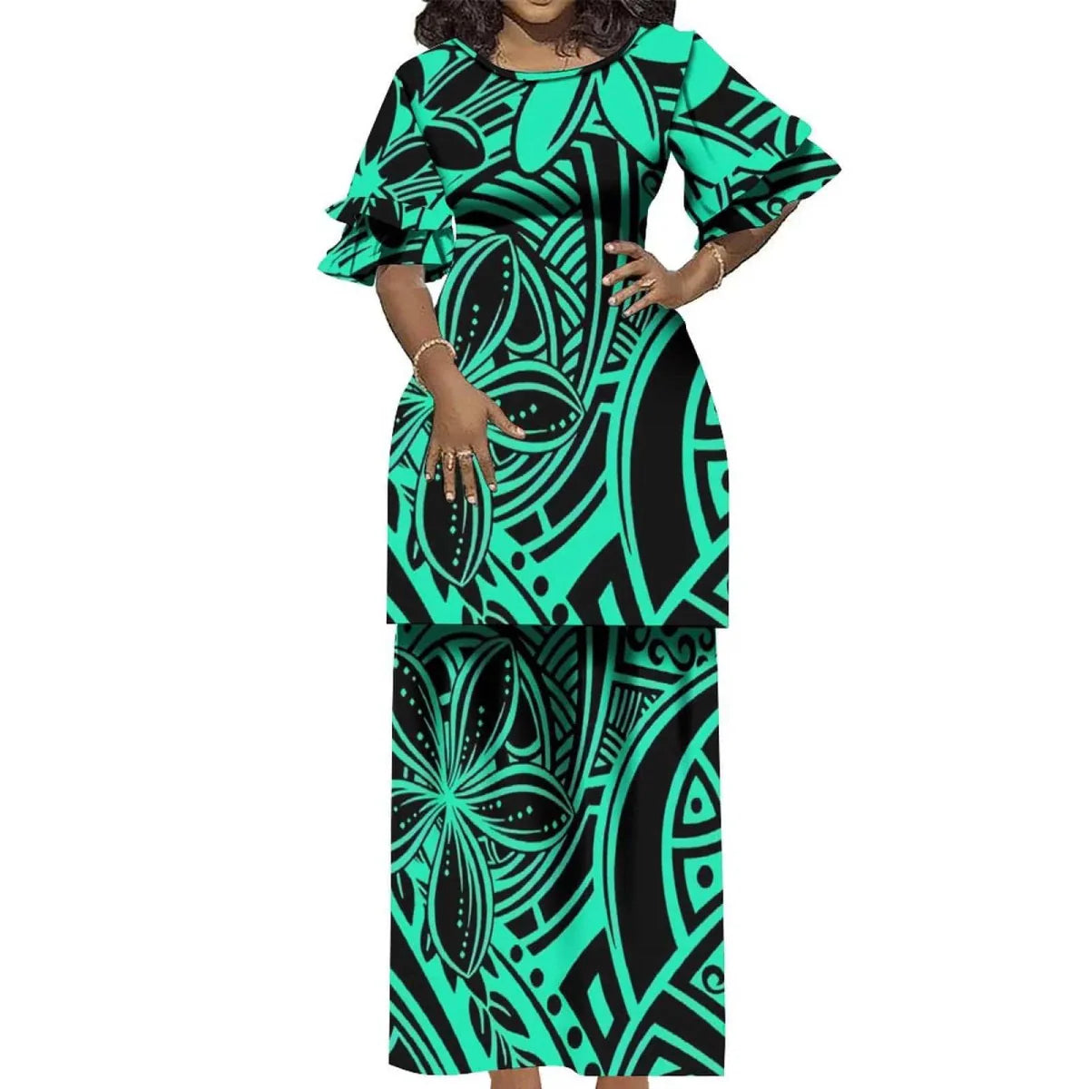 Showlu Fashion Polynesian Puletasi 2-piece ruffled Samoa Island dress with vintage round neck and elegant double cuffs.