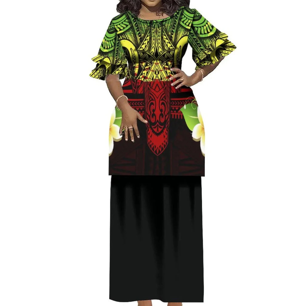 Polynesian Puletasi 2-piece Samoa Island dress by Showlu Fashion, featuring a vintage-round neck and ruffled cuffs.