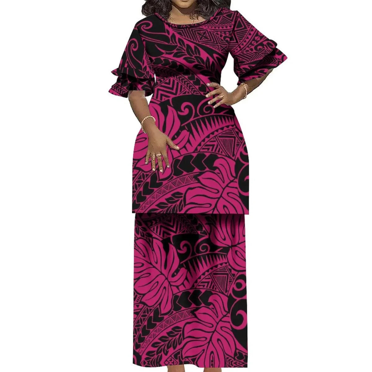 Elegant Showlu Fashion Polynesian Puletasi 2-piece Samoa Island dress with ruffled top and matching skirt, vintage-inspired design.
